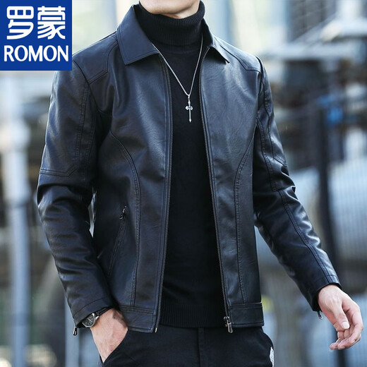 ROMON leather men's jacket Haining motorcycle lapel velvet warm autumn and winter young and middle-aged men's slim leather jacket pocket style black velvet thickened M recommended 90-115 Jin Jin equals 0.5 kg