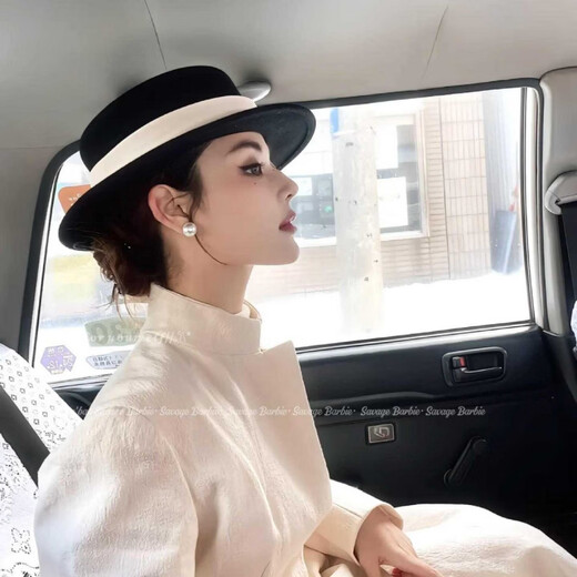 French retro woolen flat-top women's hat for all seasons, high-quality British style top hat for gentlemen, small big-brimmed hat with a small face, MM1027 black + ML111, one size fits all