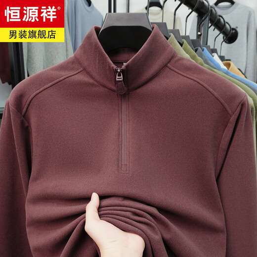 Hengyuanxiang anti-static autumn and winter zippered half-high collar long-sleeved T-shirt for men thickened and warm double-sided velvet sweatshirt with base layer khaki XL 52