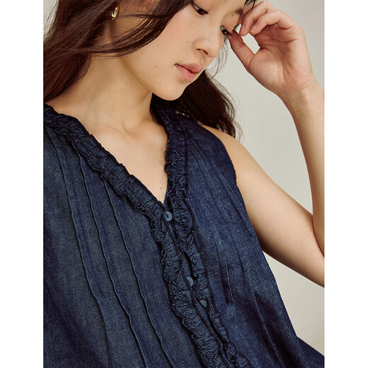 INMAN (INMAN) Inman linen cotton original color fungus sleeveless denim shirt 2026 spring women's new baby doll shirt dark denim blue XL