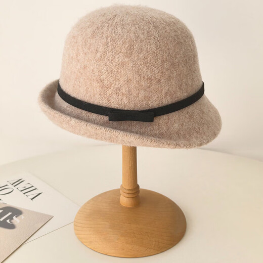 Woodpecker (TUCANO) simple ladylike style wool knitted top hat for women in autumn and winter, elegant and warm, showing face, little fisherman hat, bow basin hat, khaki color, adjustable (53-59cm head circumference)