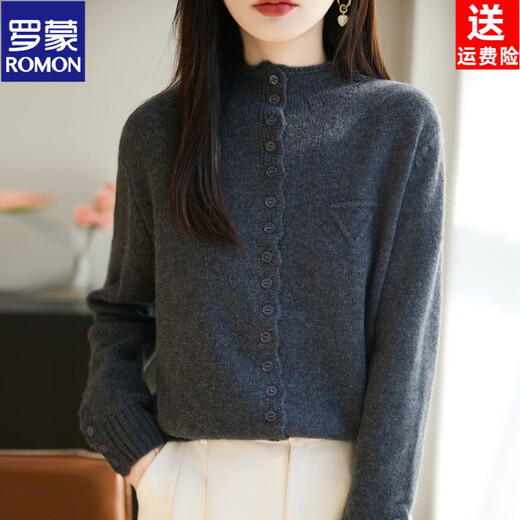 ROMON wool sweater autumn and winter 26 new solid color knitted cardigan jacket short women's sweater fashionable versatile top for women dark gray 3XL recommended 145-155Jin Jin equals 0.5 kg