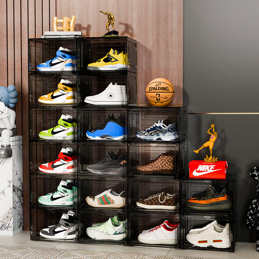 Fantasy shoe box storage box household transparent plastic magnetic dustproof shoe cabinet side opening anti-oxidation aj shoe storage artifact 24 pieces transparent black/side opening high quality hard plastic + can hold 46 34x27x21cm