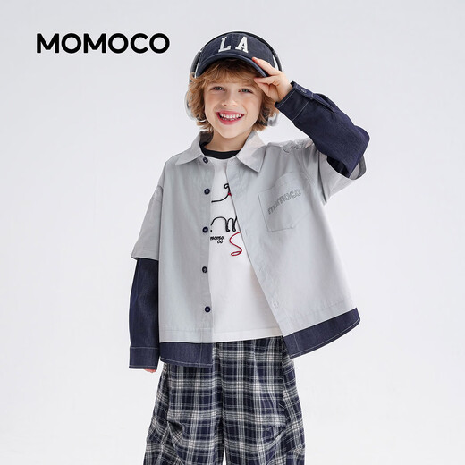 Mami Maka (MOMOCO) children's clothing boys' shirts 2026 spring style medium and large children's fashion versatile trendy shirts gray 105