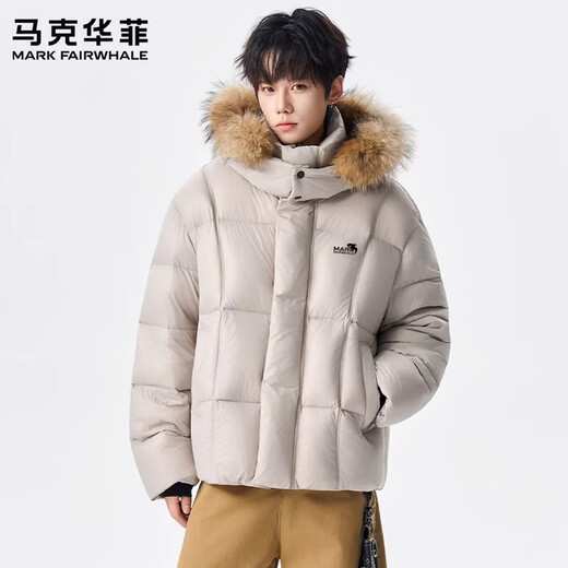 MARK FAIRWHALE Hong Kong style retro casual detachable fur collar hooded down jacket men's 2026 spring new warm and comfortable top black + gray discounted two-pack S recommended 90-110 Jin Jin equals 0.5 kg