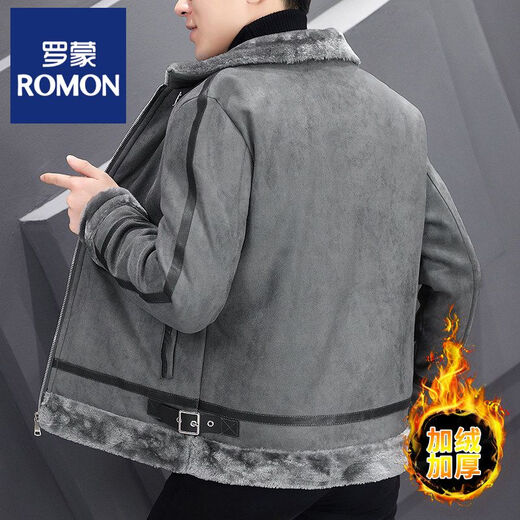 ROMON winter coat men's short windbreaker fur integrated velvet thickened sherpa jacket motorcycle jacket khaki M