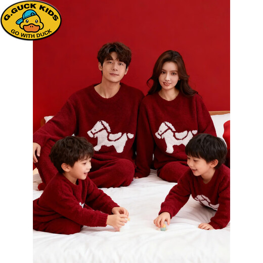 G.duck Chinese New Year parent-child pajamas for a family of three and four 2026 new winter red Year of the Horse mother-child and mother-daughter clothing home clothes burgundy home clothes tops + pants 80 children's clothing 19-24 Jin Jin equals 0.5 kg, regardless of gender