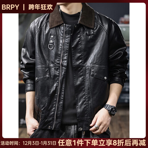 BRPY American high-end retro old money style leather jacket for men 2025 autumn and winter new fashion handsome men's PU leather jacket black M suitable for 100-125Jin Jin equals 0.5 kg