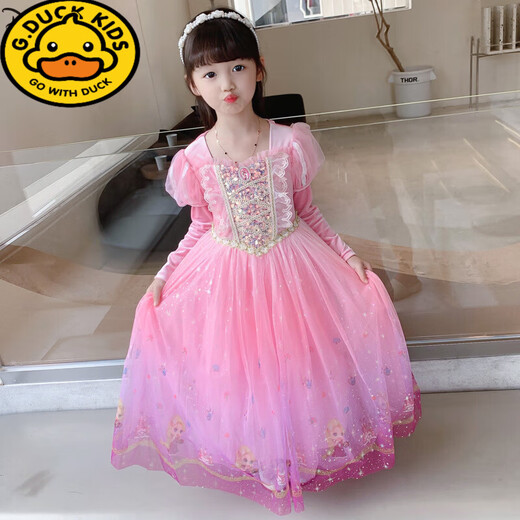 G.duck Elsa Princess Dress Girls Spring Autumn Winter 2025 New Long Sleeve Cute Birthday Puffy Mesh Midi Dress Q22209 Pink Single Skirt + Veil Velvet Fabric 110 110cm (Suitable for Height 100-110cm)