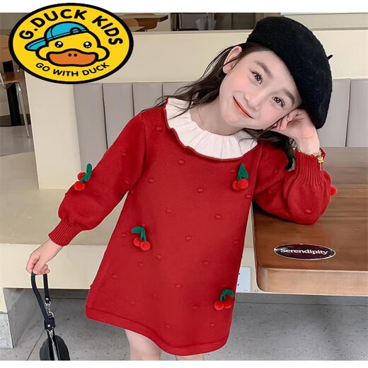G.duck Girls Sweater Dress 2025 Autumn and Winter New Children's Doll Collar Knitted Dress Baby Fashionable Princess Skirt Red Sweet Cherry Sweater Dress 90 Tag Suitable for 80cm