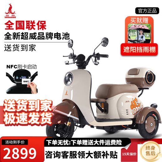 Phoenix Beetle electric car tricycle small household electric motorcycle adult leisure tricycle small electric car 500W+48V24A black gold + battery life about 45 kilometers