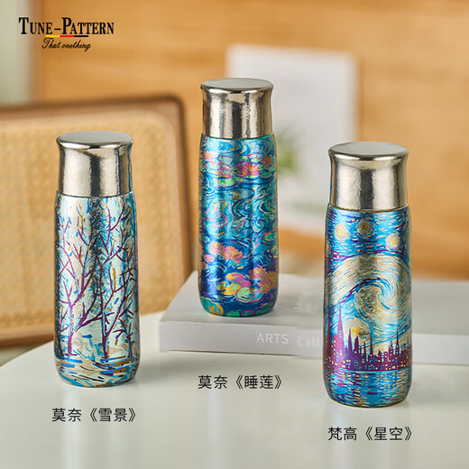 TUNE-PATTERN Tingpai pure titanium thermos cup, high-end magnetic stewed tea cup, double-layer cup, Monet color titanium hand-painted engraved water cup for men and women, Monet snow scene, free custom cup sleeve + cup brush 430ml