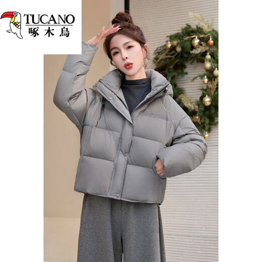 Woodpecker hooded short down jacket for women winter 2025 new style small high-end fashion style thickened white duck down jacket light gray thin S