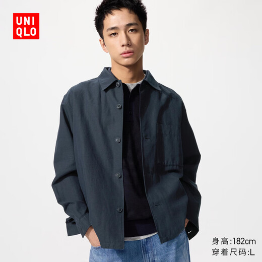 Uniqlo Men's and Women's Cotton and Linen Shirt Jackets/Long Sleeve Jackets 482443 69 Navy Blue XL