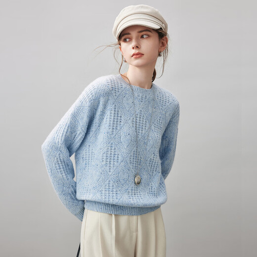 Komenboca 2025 autumn and winter new style loose lazy style cashmere sweater women's round neck sweater thickened base sweater colorful dot blue M