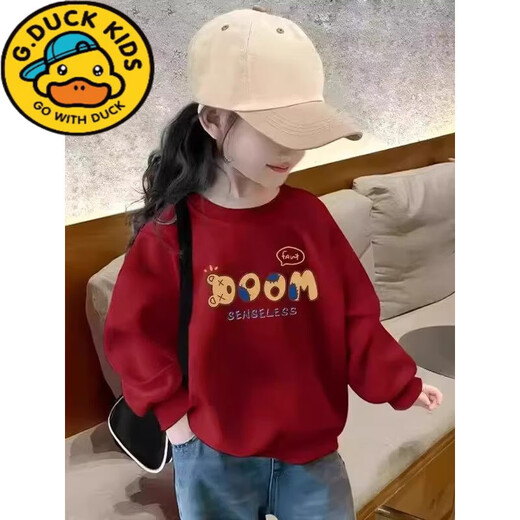 G.duck little yellow duck red girls' sweatshirt with velvet for autumn and winter, thickened, western-style children's kindergarten class uniforms for middle-aged and older children, round, Ankola red-OOOM, spring and autumn without velvet, 90 cm