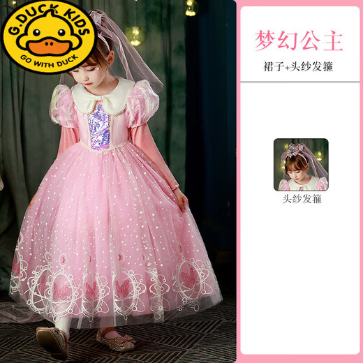 G.duck Elsa Princess Dress Girls Spring Autumn Winter 2025 New Long Sleeve Cute Birthday Puffy Mesh Midi Dress Q22209 Pink Single Skirt + Veil Velvet Fabric 110 110cm (Suitable for Height 100-110cm)