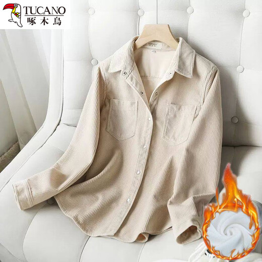 Woodpecker one-piece velvet warm autumn and winter soft corduroy shirt for women loose Korean style bottoming velvet thickened shirt top apricot-velvet thickened S