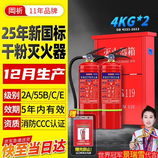GANGQI Dry Powder Fire Extinguisher 4KG Set 2 Pack 4kg + Fire Extinguisher Box New National Standard Commercial Portable National Fire Protection 3C Certification Warehouse Home Vehicle Store Fire Equipment