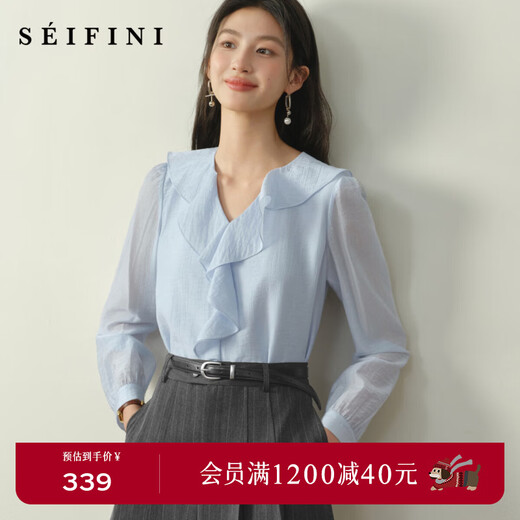 S EIFINI Lyocell Fresh Ruffled Shirt 2026 Spring New Atmospheric Temperament Commuting Long-Sleeved Top Sea Ice Blue S