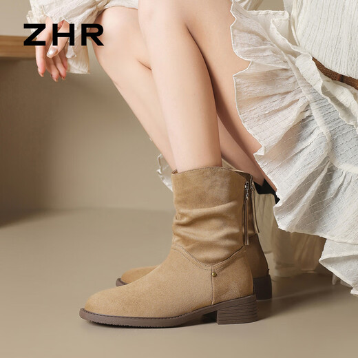 ZHR sheep cashmere elastic boots for women 2025 winter new style plus velvet retro short boots to keep warm and comfortable pile boots khaki 35