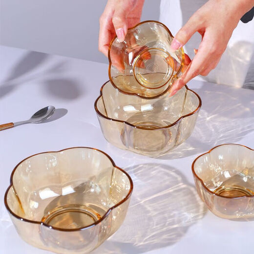 Hualeji ins style instant noodle bowl with lid salad bowl large bowl glass bowl home new dormitory student binaural soup brown small size - 11 cm