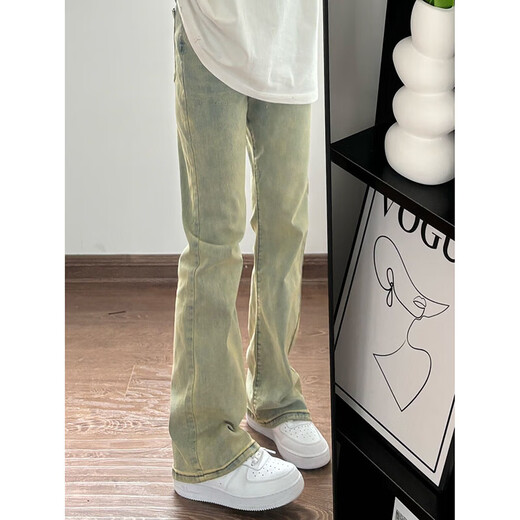 Digada American trendy winter retro distressed bootcut jeans for men with velvet and drapey floor-length men's trousers warm trousers YGFS-D824 yellow mud color regular M recommended 80-100Jin Jin equals 0.5 kg