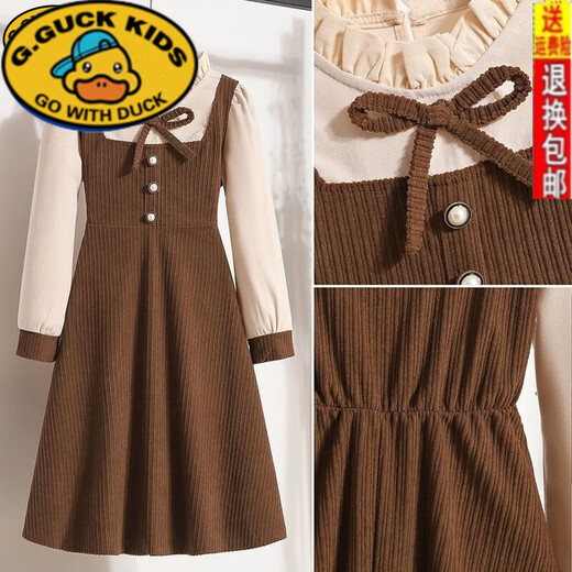 G.duck girls' fake two-piece dress autumn 2025 new medium and large children's sweet corduroy skirt fashionable princess dress khaki 120 fake two-piece suspender skirt