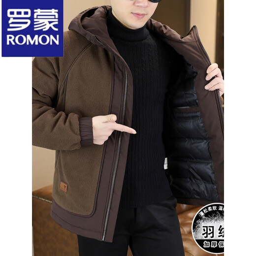 罗蒙（ROMON）羊羔毛羽绒服男款冬季加厚保暖连帽摇粒绒外套男士防寒服冬装上衣 咖色 M (约85~105斤可穿)