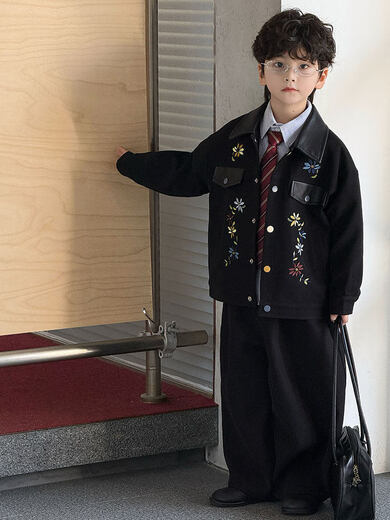 Pi Shuai Children's Jacket 2025 New National Style New Chinese Suit Boys Fashionable Trendy Autumn and Winter Jackets Tops All the Way Flower Jacket + Black Pants + Blue Striped Shirt cm Recommended Weight 5365 Jin Jin is equal to 0.5 kg 140
