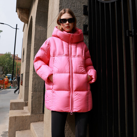 Sancai 2025 new winter easy-care hooded down jacket mid-length 90 white duck down dopamine bread jacket M