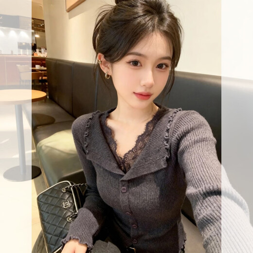 Hengyuanxiang black v-neck lace trim slim-fitting sweater for women 2025 new winter wear inner base top brand dark gray sweater for women 2025/very good-looking tops that do not conflict with style/autumn and winter wear M 95-115Jin Jin is equal to 0.5 kg