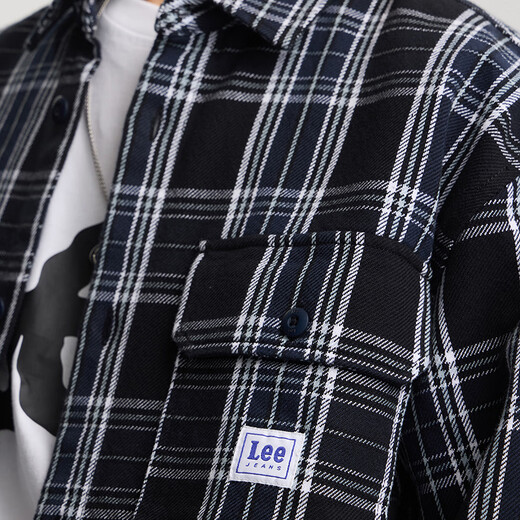 Lee shopping mall's same 26 spring and summer new product, comfortable version of work pocket design, black plaid men's long-sleeved shirt, trendy black XL