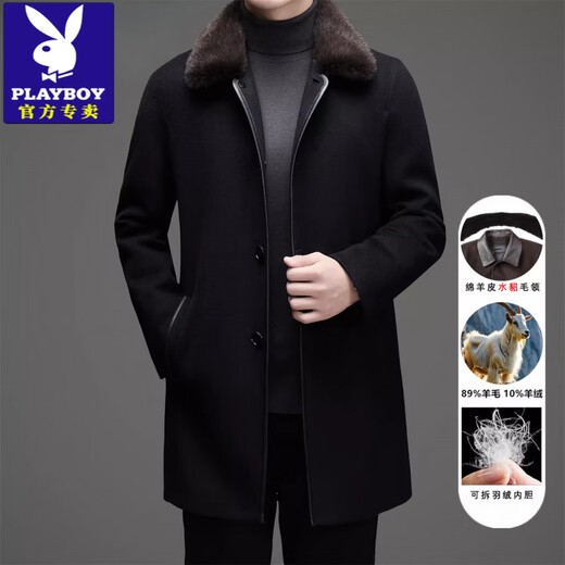 Playboy (PLAYBOY) Wool Cashmere Coat Men's Mid-Length Mink Fur Collar Down Liner Autumn and Winter Thick Woolen Jacket Brown Card (Detachable Mink Fur Collar Down Liner) 2XL Recommended 135-150Jin Jin equals 0.5 kg
