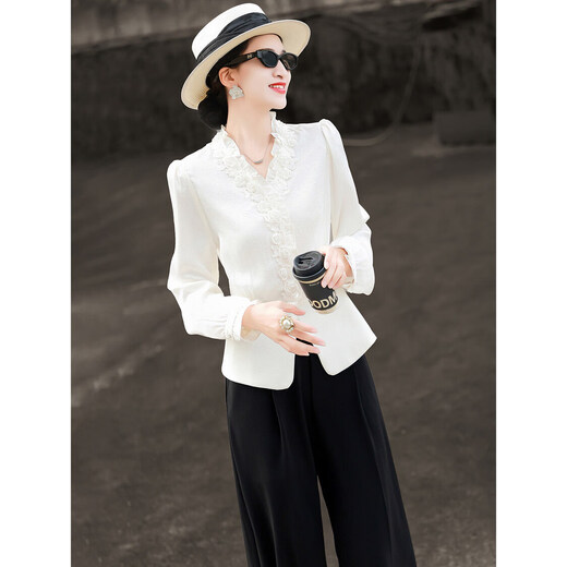 Lancer 2026 early spring new style French romantic style lace splicing acetate long-sleeved V-neck shirt top off-white M