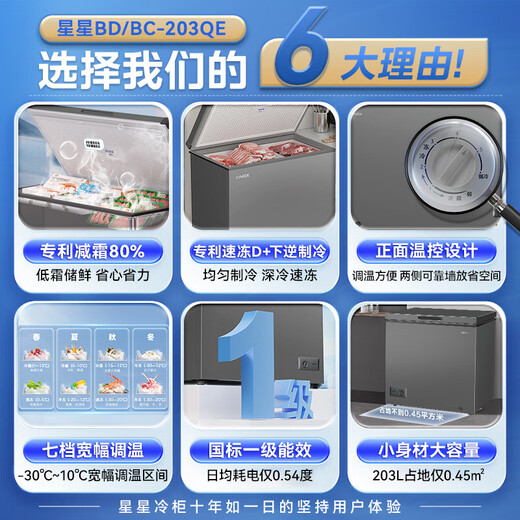 Xingx (XINGX) freezer household 200L large capacity refrigeration and freezing dual-purpose small refrigerator first-class energy efficiency and energy saving micro frost air-cooled frost-free -30 -40 deep freezing and quick freezing all copper tube 143L patented frost reduction 80% -30 deep freezing and quick freezing