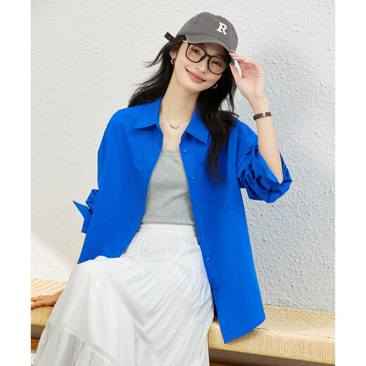 Fanciman pure cotton long-sleeved shirt women's spring new high-end slim lapel top jacket Klein blue S