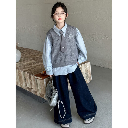 FHHUABD girls autumn college style suit 2026 girls autumn fashionable casual sweet shirt vest three-piece set gray vest and shirt 120 cm