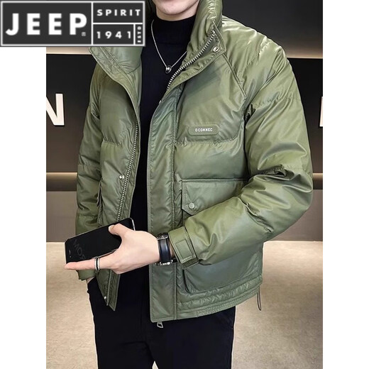 JEEP SPIRIT Leather Down Jacket Men's Winter 2025 New Men's Youth Short Winter Wear Thickened Stand Collar Jacket Army Green M