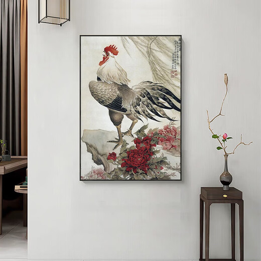 Chinese style rooster entrance feng shui fortune hanging painting study background wall rooster picture golden rooster crowing decorative painting ink H 70x100cm high-end crystal glossy aluminum alloy gold frame