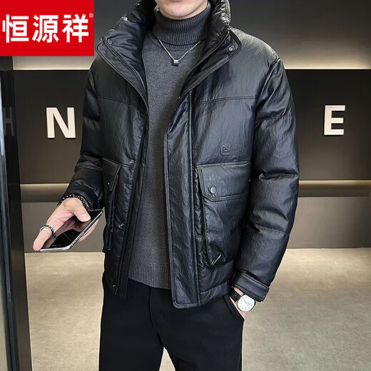 Hengyuanxiang down jacket men's winter 2026 new hooded short style high-end thickened warm jacket military green L 115-130Jin Jin equals 0.5 kg