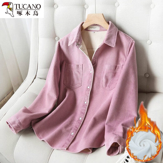 Woodpecker one-piece velvet warm autumn and winter soft corduroy shirt for women loose Korean style bottoming velvet thickened shirt top apricot-velvet thickened S
