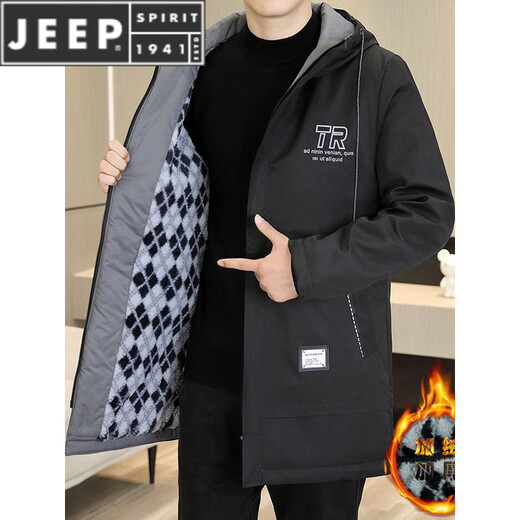 JEEP SPIRIT Winter Pack Jacket Men's Charge Cotton Jacket Plus Velvet Thickening Men's Winter Cotton Clothes Mid-Length Windbreaker Warm Jacket MK69 Black Plus Velvet Thickening M Recommended 90-110Jin Jin is equal to 0.5 kg