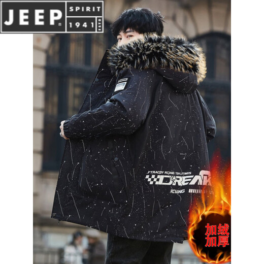 JEEP SPIRIT Winter Men's Workwear Parka Mid-Length Velvet Thickened Hooded Windbreaker Jacket Cotton Clothes White M