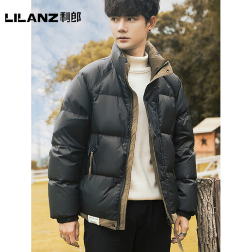 利郎（LILANZ）官方90白鸭绒羽绒服男冬季拼色立领2025年新款时尚面包服加厚冬装 黑色-旗舰款 M 【110斤以内】