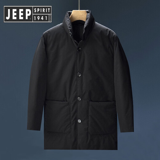 JEEP SPIRIT 90 white duck down simple and fashionable stand-up collar new winter thickened high-end warm mid-length down jacket outer black XL
