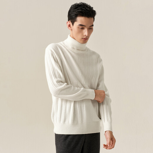 Ordos 1980 new pure cashmere bottle collar embroidered white knitted men's casual cashmere sweater 26 early spring white 2XL 185/104A
