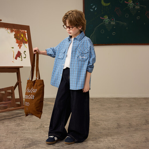 ASK JUNIOR children's shirt 2026 spring medium and large children's plaid contrast shirt boys' college style cardigan jacket blue