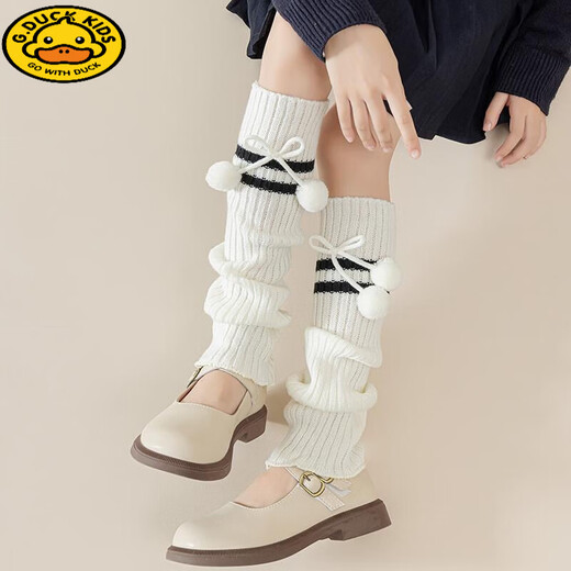 HAL.DUCK Korean style autumn and winter girls' knitted socks children's thickened warm pile socks baby over-the-knee long knee-pad thigh sleeves white fur ball + black two bars /WT906 2 pairs Socks length 40cm (suitable for 3-12 years old) One size