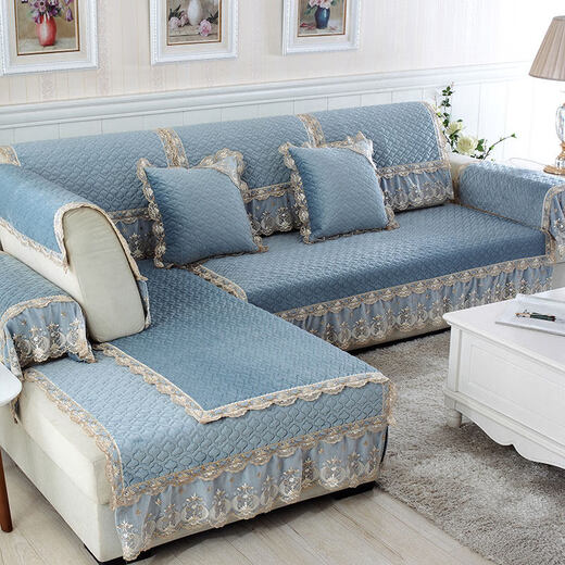 Xinjinngle sofa cushion high-end sofa towel light luxury 2025 popular European non-slip plush cushion four seasons universal leather cloth Pandora-off-white 100cm*240cm +15 lace